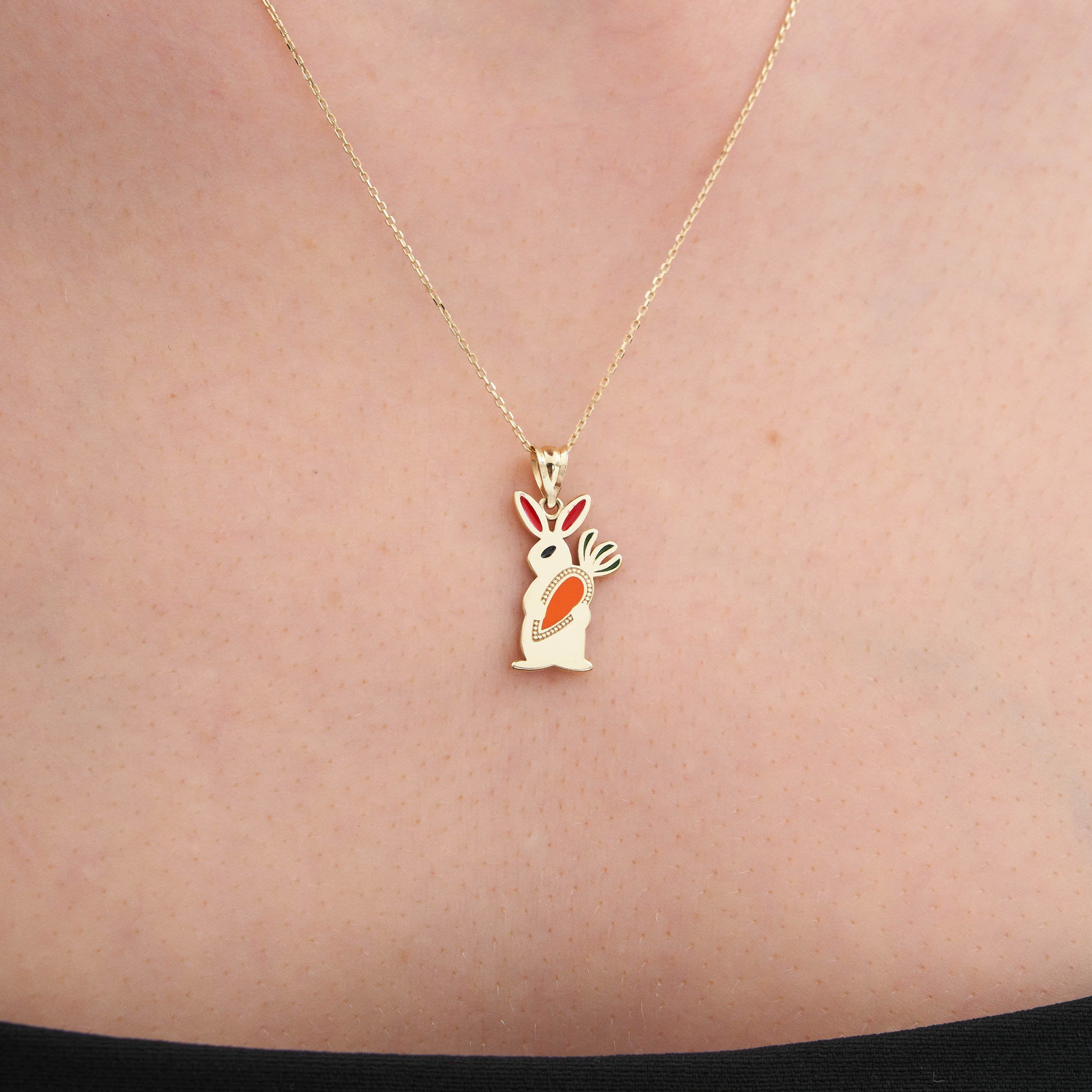 14K Gold Cute Rabbit Holding Carrot Necklace