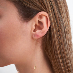 The 14K Yellow Gold Long Threader Earrings with Leaves by RundaJewelryUs feature a delicate chain and leaf-shaped charms at the ends, showcased against a white background.