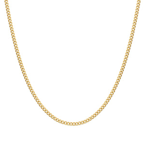 The 14K Solid Gold Curb Cuban Link Chain is a delicately crafted necklace made from real 14K gold, highlighting a simple and elegant design against a white background. This hypoallergenic piece features small interlocking links that form a continuous loop, making it perfectly unisex for any wearer.