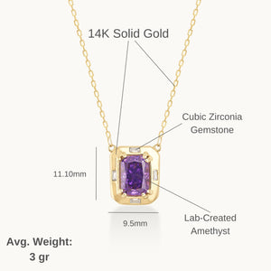 The 14K Solid Gold Amethyst Necklace, ideal for a February birthstone gift, showcases a rectangular pendant adorned with a vibrant purple gemstone. Surrounded by small, clear stones and hanging from a delicate chain, this handcrafted piece embodies elegance and charm.