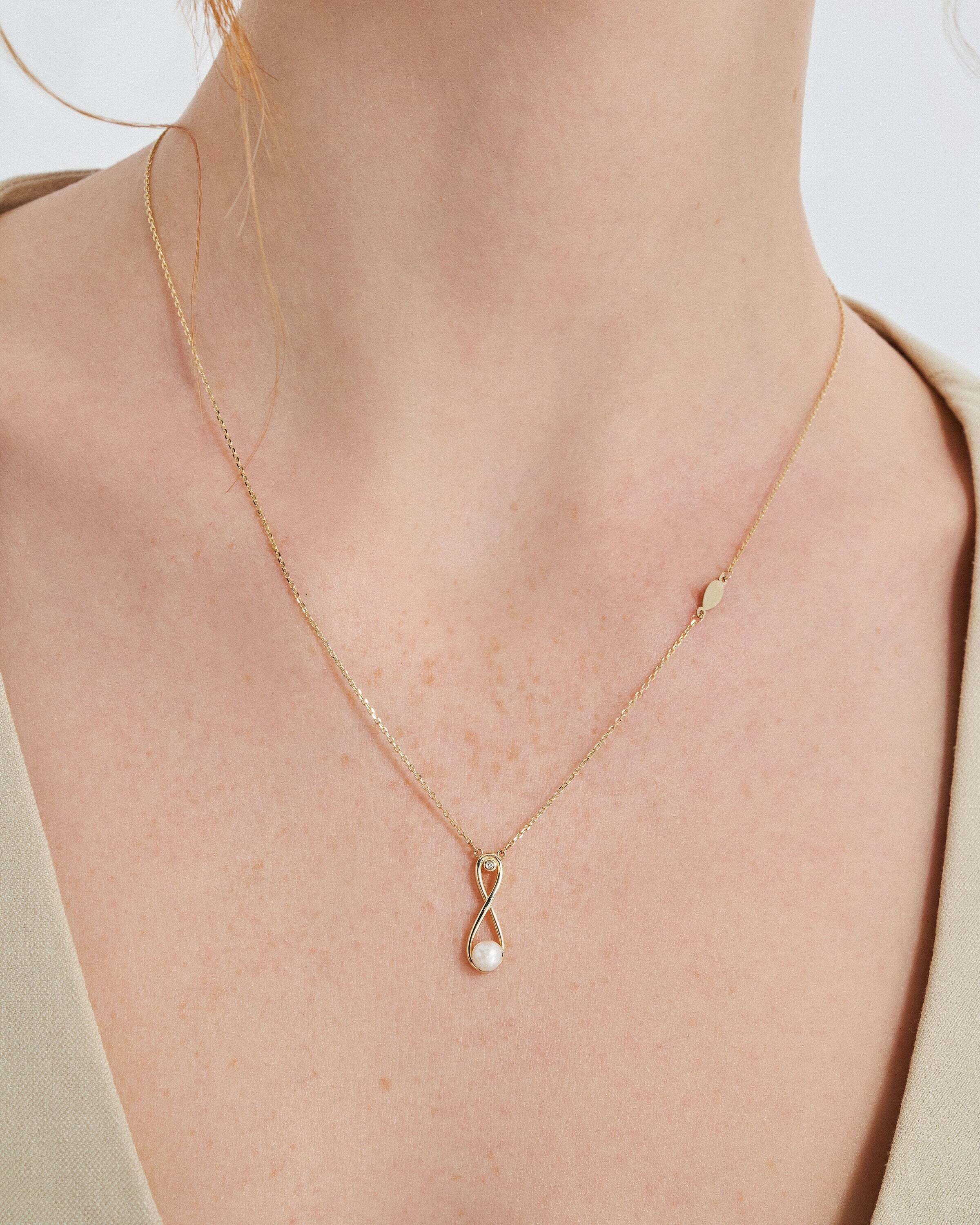 14K Solid Gold Dainty Pearl Promise Infinity Necklace