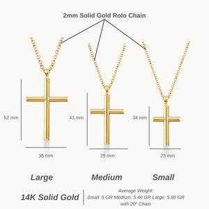 The 14K Solid Gold Cross Necklace for Men features a beautifully polished cross pendant on a classic gold chain, offering timeless religious jewelry set against a simple white background.