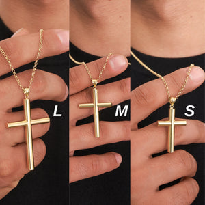 The 14K Solid Gold Cross Necklace for Men features a beautifully polished cross pendant on a classic gold chain, offering timeless religious jewelry set against a simple white background.