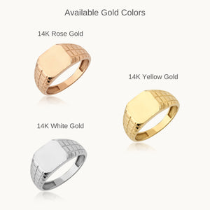 Introducing the 14K Solid Gold Engraved Signet Ring For Men: a stunning piece of jewelry featuring a smooth, rectangular face and a band with an intricate grid-like pattern. Its engraved finish beautifully reflects light on its surface.