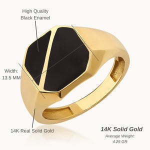 The 14K Solid Gold Black Enamel Signet Ring For Men features a sleek black octagonal face with a subtle angular design on top, presented against a plain white background.