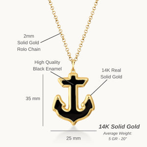 The 14K Solid Gold Anchor Pendant Necklace for Men offers a sailor's gift of elegance, featuring a striking anchor pendant filled with black enamel against a plain white background.