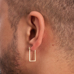 A set of 14K Solid Gold Hoop Rectangle Earrings for Men, designed with a sleek gold finish and crafted with a geometric rectangular shape. They are displayed from both the side and front views, featuring a hinged clasp closure for secure wear.