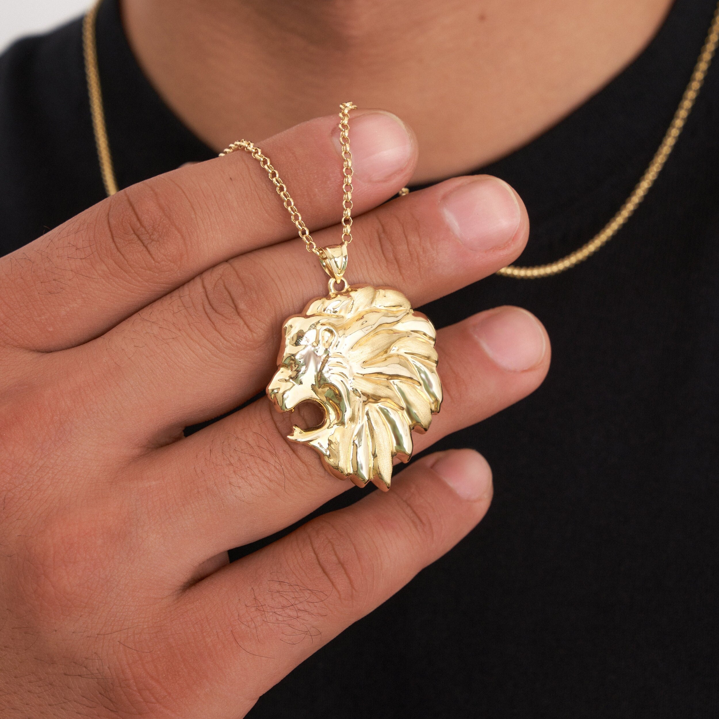 14K Solid Gold Lion Head Necklace for Men