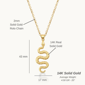 This 14K Solid Gold Serpent Pendant Necklace features an intricately designed snake pendant in an S-shape with a textured finish, elegantly suspended from a fine chain. It's an ideal piece of animal-themed jewelry for those who admire distinctive artistry.