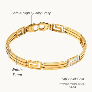 This 14K Solid Gold Greek Key Bracelet for Men features a geometric pattern with alternating rectangular links. The design combines both smooth and textured surfaces, complete with a clasp on one end, set against a plain white background.