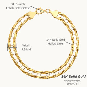 The 14K Solid Gold Classic Bracelet for Men showcases a lobster claw clasp and stackable interlocking links. Photographed against a plain white background, its polished and reflective surface is beautifully highlighted.