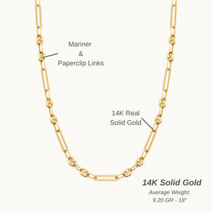 The 14K Solid Gold Paperclip & Puffed Mariner Anchor Link Chain Necklace showcases a striking combination of oval and elongated rectangular links, crafted in a distinctive paperclip and puffed mariner anchor link pattern. Its design is both simple and elegant, with a clean and polished finish.