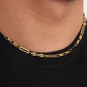 The 14K Solid Gold Paperclip & Puffed Mariner Anchor Link Chain Necklace showcases a striking combination of oval and elongated rectangular links, crafted in a distinctive paperclip and puffed mariner anchor link pattern. Its design is both simple and elegant, with a clean and polished finish.