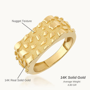 The 14K Solid Gold Nugget Texture Ring for Men showcases a distinct pattern of raised geometric shapes on its surface, evoking the appearance of a solid gold nugget. Set against a simple white background, this ring embodies the sophistication of handmade jewelry.