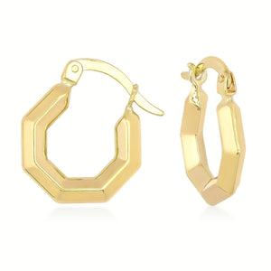 These 14K Solid Gold Hexagon Hoop Earrings for Men boast a sleek polished finish and a secure hinged clasp. Expertly designed to be hypoallergenic, they appeal to any style preference. The elegant design is showcased on a plain white background with views from both the front and side.