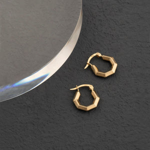 These 14K Solid Gold Hexagon Hoop Earrings for Men boast a sleek polished finish and a secure hinged clasp. Expertly designed to be hypoallergenic, they appeal to any style preference. The elegant design is showcased on a plain white background with views from both the front and side.