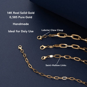 Introducing the 14K Real Solid Gold Paperclip Chain Necklace for Men, featuring exquisite elongated oval links and elegantly showcased against a plain white background. This versatile piece of unisex jewelry is a perfect addition to any collection.