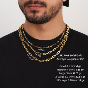 Introducing the 14K Real Solid Gold Paperclip Chain Necklace for Men, featuring exquisite elongated oval links and elegantly showcased against a plain white background. This versatile piece of unisex jewelry is a perfect addition to any collection.