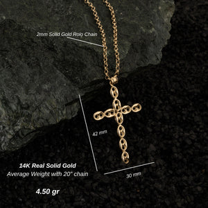 The 14K Solid Gold Puffed Anchor Mariner Cross Necklace for Men showcases a cross pendant adorned with delicate, oval-shaped patterns. This exquisite piece of Christian jewelry gracefully sits on a classic chain, highlighted against a white background.