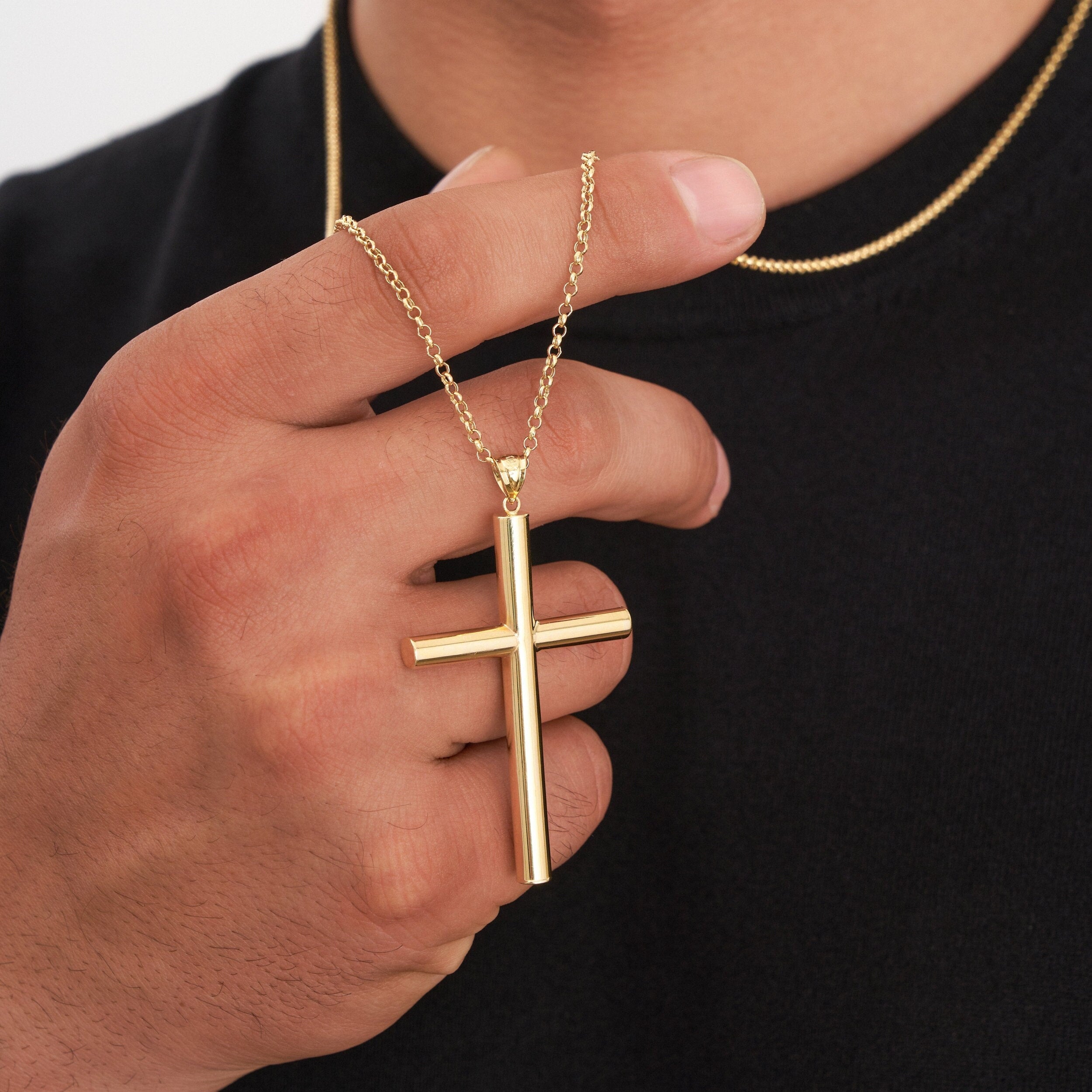 14K Solid Gold Cross Necklace for Men