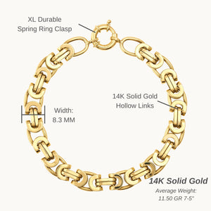 Explore the elegance of the 14K Solid Gold Byzantine Bracelet for Men, featuring a captivating combination of interlocking oval and rectangular links inspired by king chain designs. A circular clasp is elegantly positioned at the top, enhancing its sleek, polished finish against a plain white background.