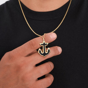 The 14K Solid Gold Anchor Pendant Necklace for Men offers a sailor's gift of elegance, featuring a striking anchor pendant filled with black enamel against a plain white background.