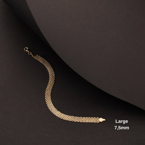 Displayed on a white background, the 14K Real Solid Gold Bismarck Chain Bracelet for Men features an intricate design of interwoven chain links with a polished clasp, creating a textured appearance ideal for unisex jewelry.