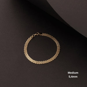 Displayed on a white background, the 14K Real Solid Gold Bismarck Chain Bracelet for Men features an intricate design of interwoven chain links with a polished clasp, creating a textured appearance ideal for unisex jewelry.