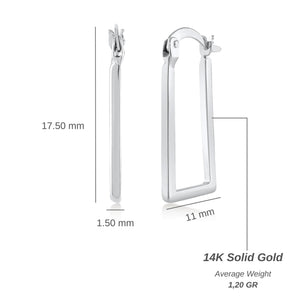 A set of 14K Solid Gold Hoop Rectangle Earrings for Men, designed with a sleek gold finish and crafted with a geometric rectangular shape. They are displayed from both the side and front views, featuring a hinged clasp closure for secure wear.