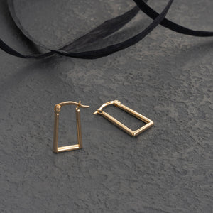 A set of 14K Solid Gold Hoop Rectangle Earrings for Men, designed with a sleek gold finish and crafted with a geometric rectangular shape. They are displayed from both the side and front views, featuring a hinged clasp closure for secure wear.