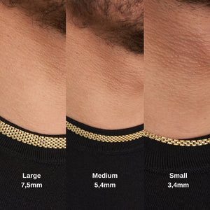 A close-up image highlights a 14K real solid gold Bismarck chain necklace for men, featuring a textured, woven design. The necklace is elegantly arranged in a gentle loop against a plain white background.