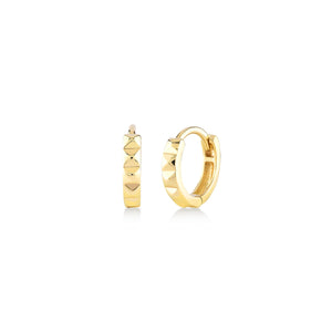 Featuring a geometric pyramid pattern, these tiny hoop earrings in 14K solid gold are showcased with one earring from the side and the other from the front on a simple white background. Perfect for those in search of stylish men's jewelry options.