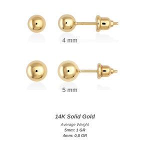 Close-up of the MEN 14K Solid Gold Ball Earrings, showcasing one earring from the front with its smooth, shiny surface and the other from the side, highlighting the post and butterfly back clasp. Perfect for those who appreciate subtle elegance.