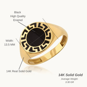 Discover the 14K Solid Gold Black Enamel Greek Key Ring for Men, a modern and sleek piece featuring a black circular face adorned with an intricate labyrinth meander pattern around the edge. This contemporary design adds a fresh twist to the classic signet ring style.