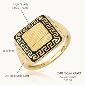 The 14K Gold Square Black Enamel Greek Key Signet Ring For Men features a square face embellished with a detailed black enamel Greek key pattern, echoing the labyrinthine meander design. Its bold, symmetrical style emphasizes the textured center, providing a stunning contrast between the black and gold elements.