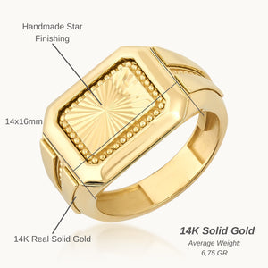 Introducing the 14K Solid Gold Watch Style Fancy Signet Ring for Men, showcasing a rectangular top finely engraved with an intricate sunburst pattern. This elegant piece of men's jewelry features a band adorned with geometric designs and a polished finish, adding a touch of sophistication and modernity to its appearance.