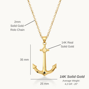 The 14K Gold Polished Minimal Anchor Pendant Necklace for Men, featuring a detailed pendant on a fine chain against a plain white background, makes an ideal sailor gift.