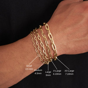 A close-up image of a 14K real solid gold chain bracelet designed for men with a straightforward and elegant link style against a plain white background. This unisex piece of jewelry subtly curves, highlighting its smooth texture and polished finish.