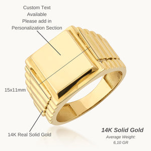 Discover the perfect men's jewelry statement piece: the 14K Solid Gold Watch Style Fancy Signet Ring for Men. This ring showcases a stunning engraved signet with a large rectangular top and ribbed band design, set against a white background.