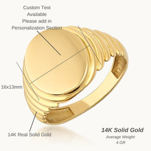 The 14K Solid Gold Watch Style Fancy Signet Ring for Men features a sleek, round, smooth top and a ribbed design on the sides, adding a contemporary and elegant touch. Ideal for men's jewelry aficionados, this engraved signet ring is set against a plain white background, allowing its polished finish to truly shine.