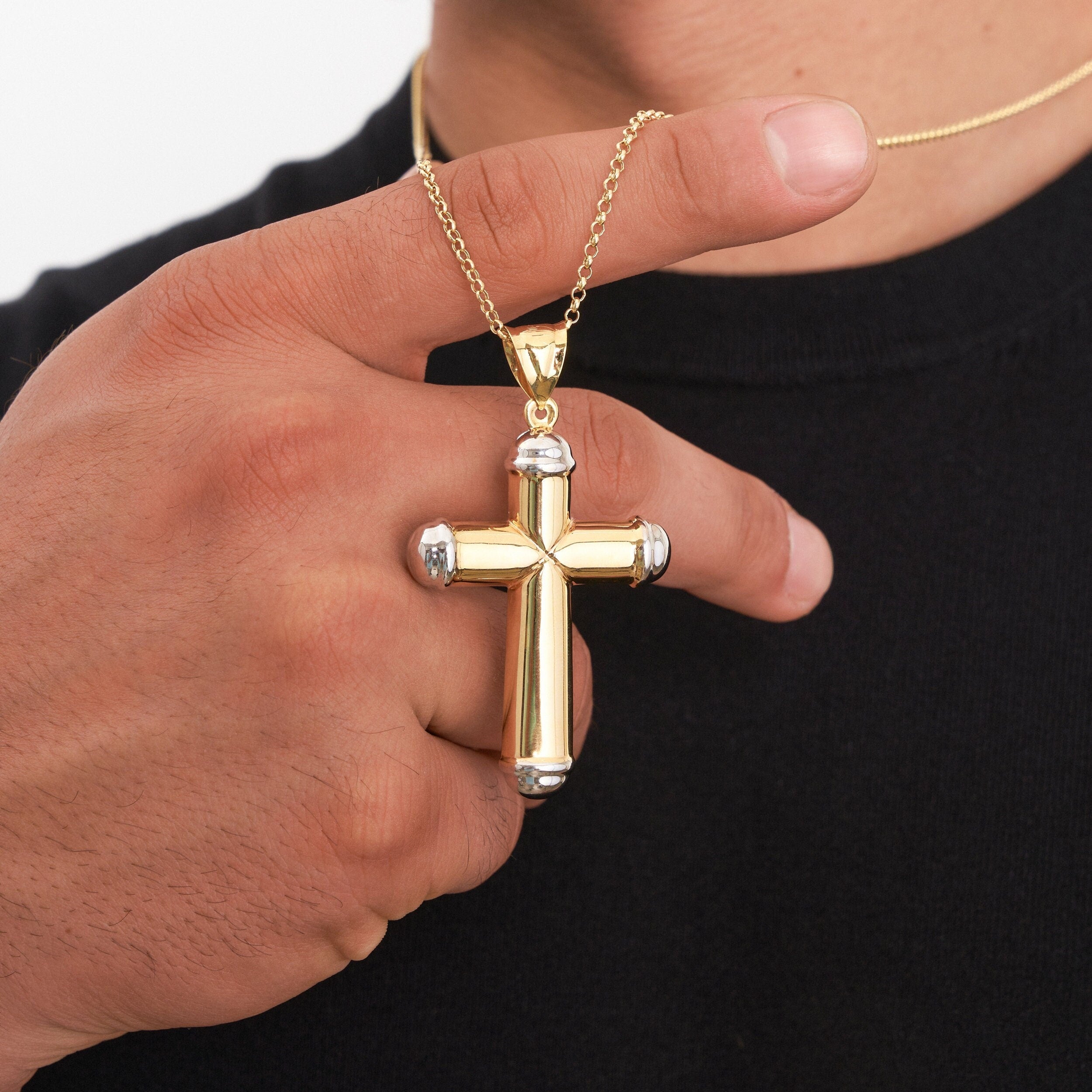 14K Solid Gold Cross Necklace for Men