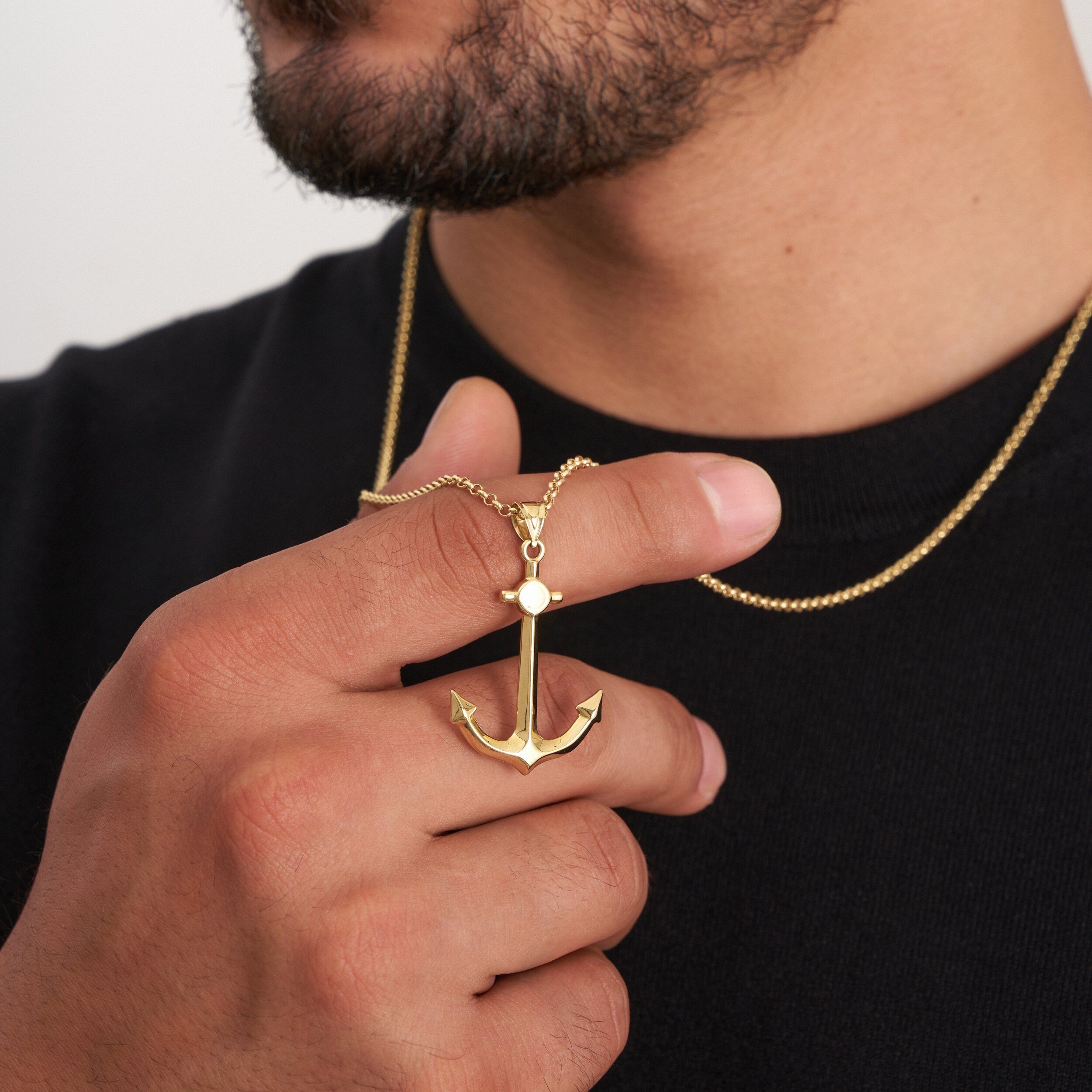 14K Gold Polished Minimal Anchor Pendant Necklace for Men