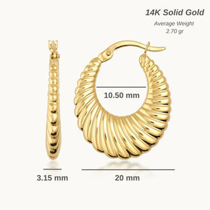 A pair of 14K Real Gold Shrimp Hoop Earrings features a chunky design with a ribbed texture. One earring is showcased from the side, while the other faces forward, emphasizing the intricate details of this statement accessory.