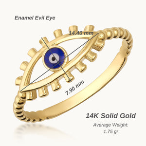 Introducing the 14K Gold Evil Eye Ring, Enamel Good Luck Ring: a breathtaking piece of real gold jewelry with an eye-catching eye design and a mesmerizing blue center. The band features a textured finish accented by small, spike-like details encircling the eye, evoking the mystical essence of a Nazar Hamsa ring.