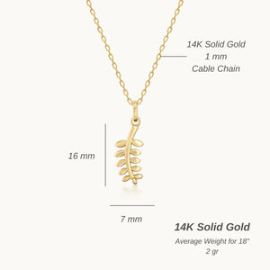 The 14K Solid Gold Dainty Leaf Necklace by RundaJewelryUs features a delicate leafy branch pendant on a fine chain. This handmade jewelry piece highlights small, smooth leaves extending from a central stem, offering an elegant and minimalist design against a plain white background.