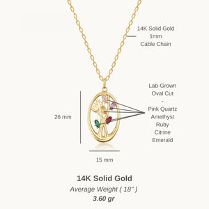 The 14K Solid Gold Birthstone Tree Pendant Necklace features a gorgeous pendant with an abstract tree design. It is set against a plain white background and showcases branches enhanced with multicolored gemstones in green, red, and purple, all enclosed within an oval frame.