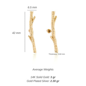 A pair of 14K solid gold earrings intricately shaped like tree branches, capturing the essence of the nature-inspired design found in our popular brooch for men and women. Each earring features a straight post and butterfly backing with a shiny, polished finish.