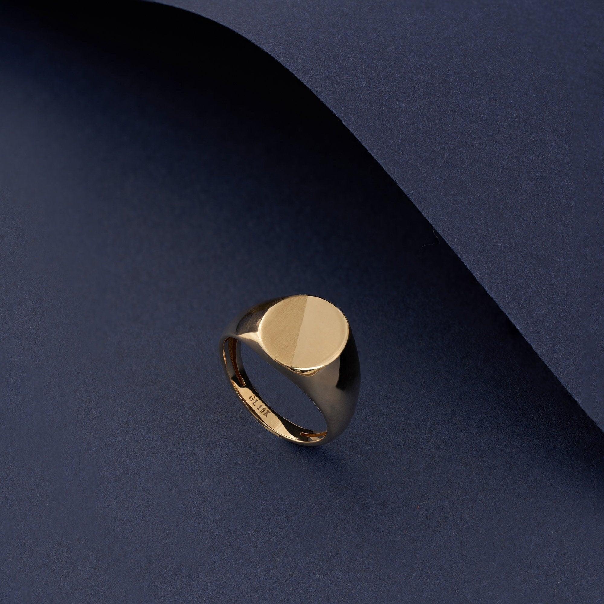 14K Solid Gold Matte & Polished Oval Signet Ring For Men