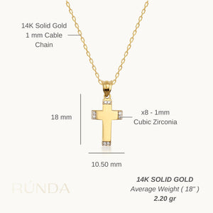 This minimalist jewelry piece is the 14K Gold Tiny Cross Necklace by RundaJewelryUs, featuring a chain with diamond-like stones embellishing the top and bottom edges of the cross. It's a timeless religious accessory elegantly showcased against a plain white background.