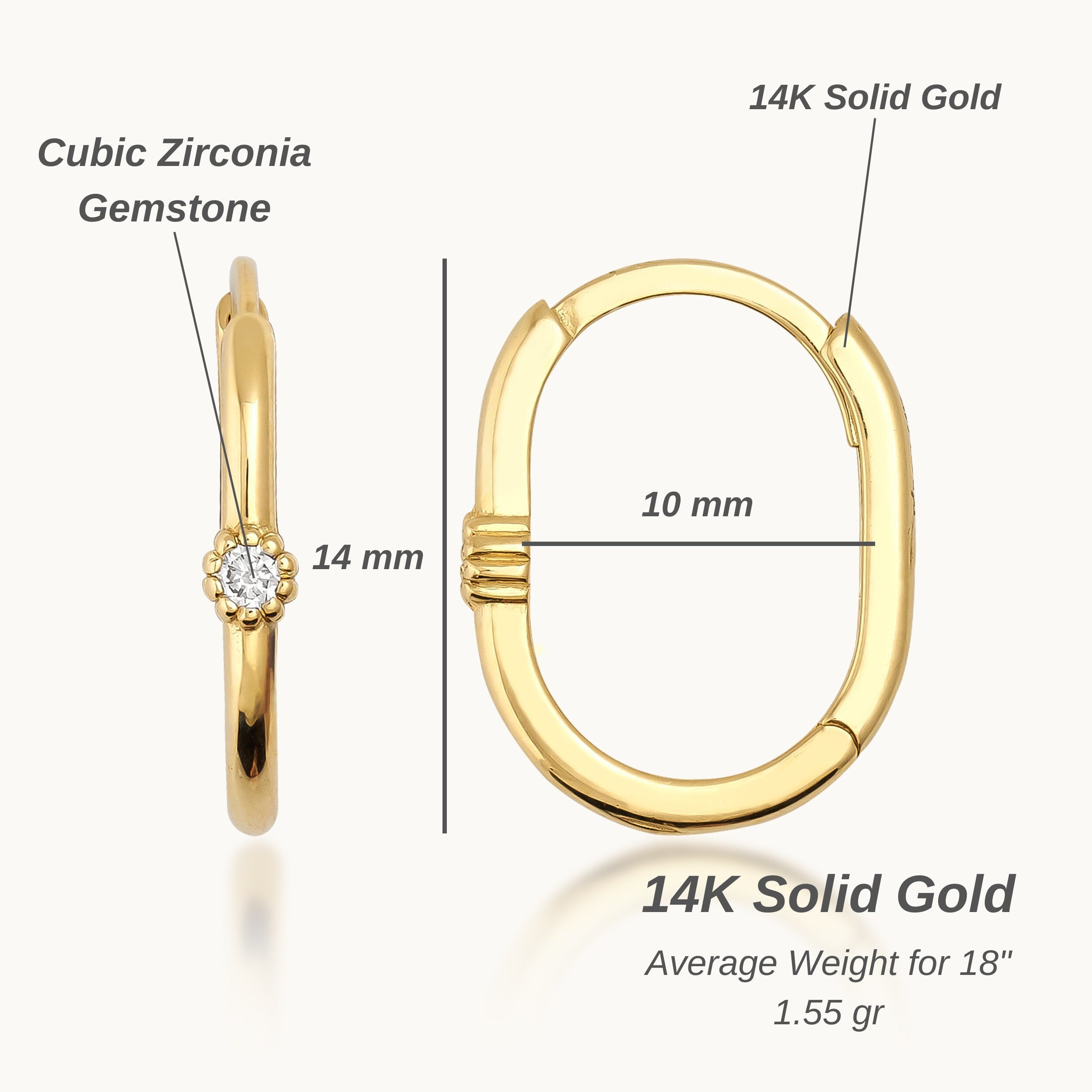 14k Solid Gold Oval Solitaire Small Hoops